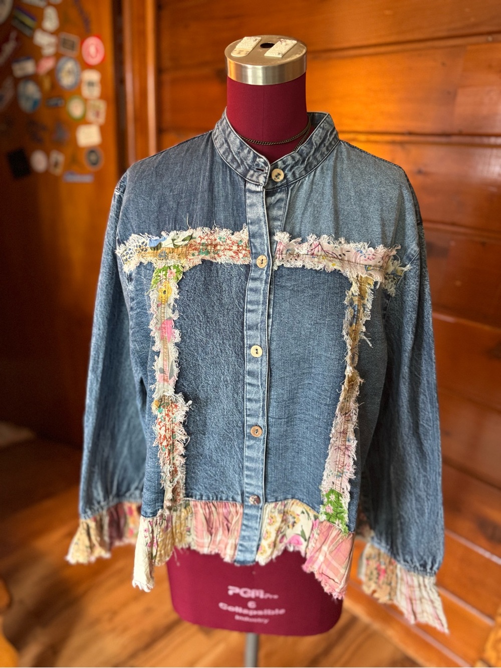 YOUNG THREADS NWT Denim Button-Up Jacket with Frayed Floral Patchwork Trim